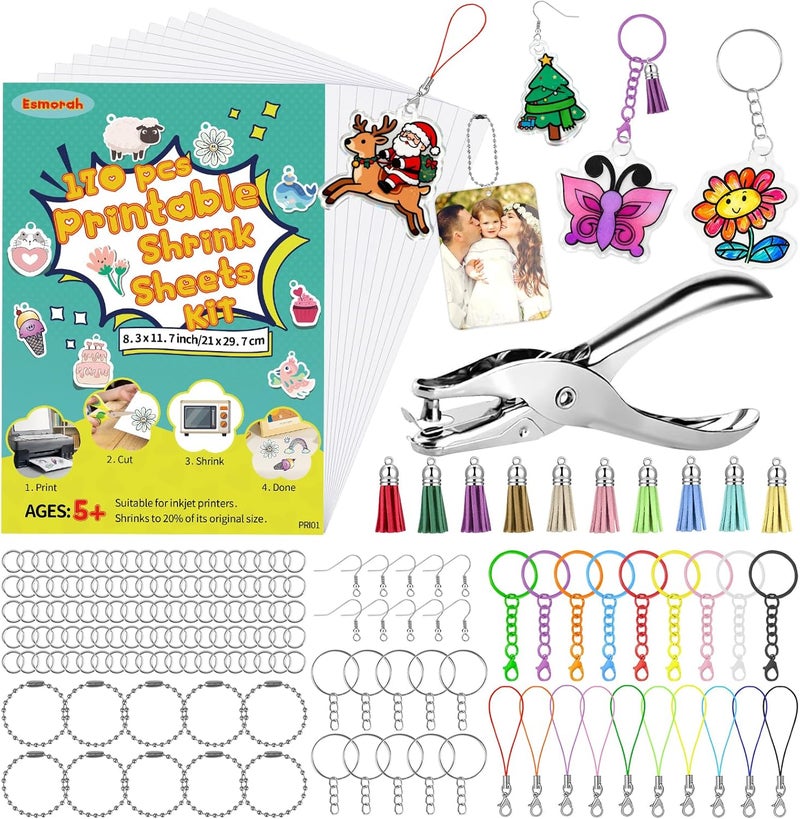 Esmorah 170 Pcs Printable Shrink Dink Sheets Kit, 10 Pcs A4 Semitransparent Plastic Shrink Dink Papers for Back-to-School, Valentine’s Day, Easter Ornaments & Gifts, Adults & Kids DIY Keychain Making Crafts - Image 1